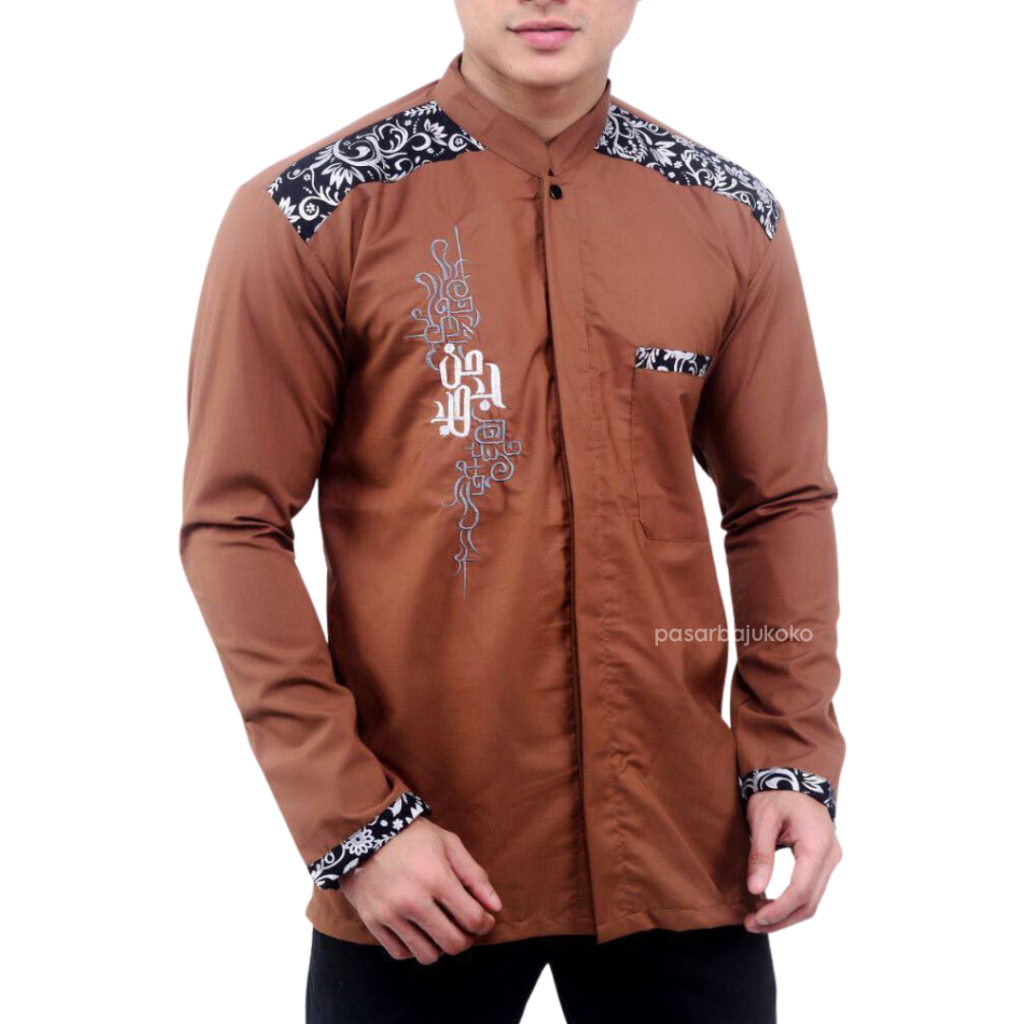 Baju Koko Pria Dewasa Lengan Panjang Motif Batik &amp; Bordir Coklat