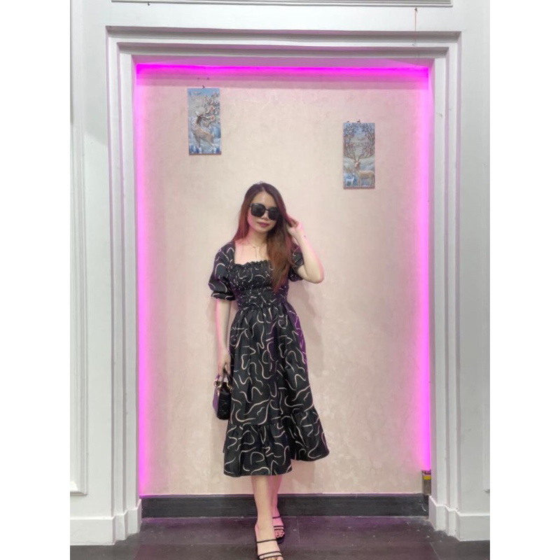 RD FASHION - SMOCKED DRESS / Gaun musim panas kasual baru Lengan pendek smocked dress lipit bunga dengan dasi belakang / gaun kasual A-line gaun smocked berlipat bunga lengan pendek-KRIWIL