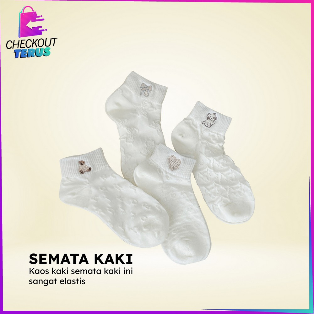 CT P576 Kaos Kaki Wanita Semata Kaki Motif Bordir Karakter Ankle Socks Kaos Kaki Putih Pendek Lucu Dewasa Motif Love Gaya Korea Import