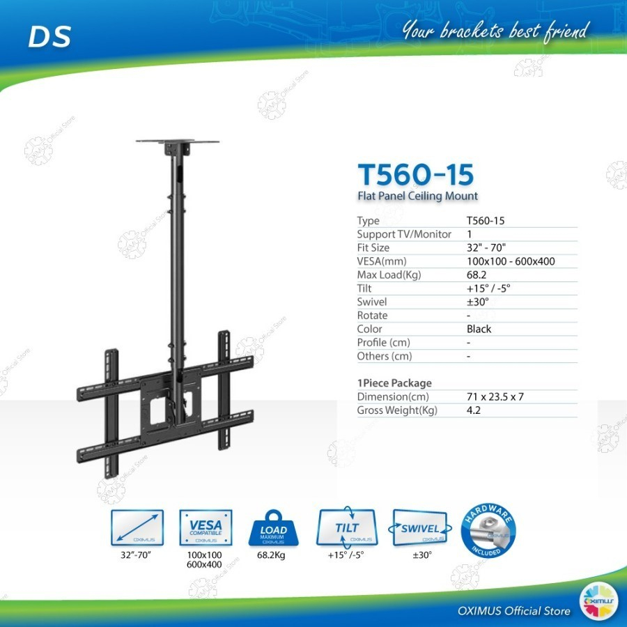 Bracket Ceiling Atap OXIMUS T560-15 | 32&quot;-70&quot; Tilt Swivel 71-158