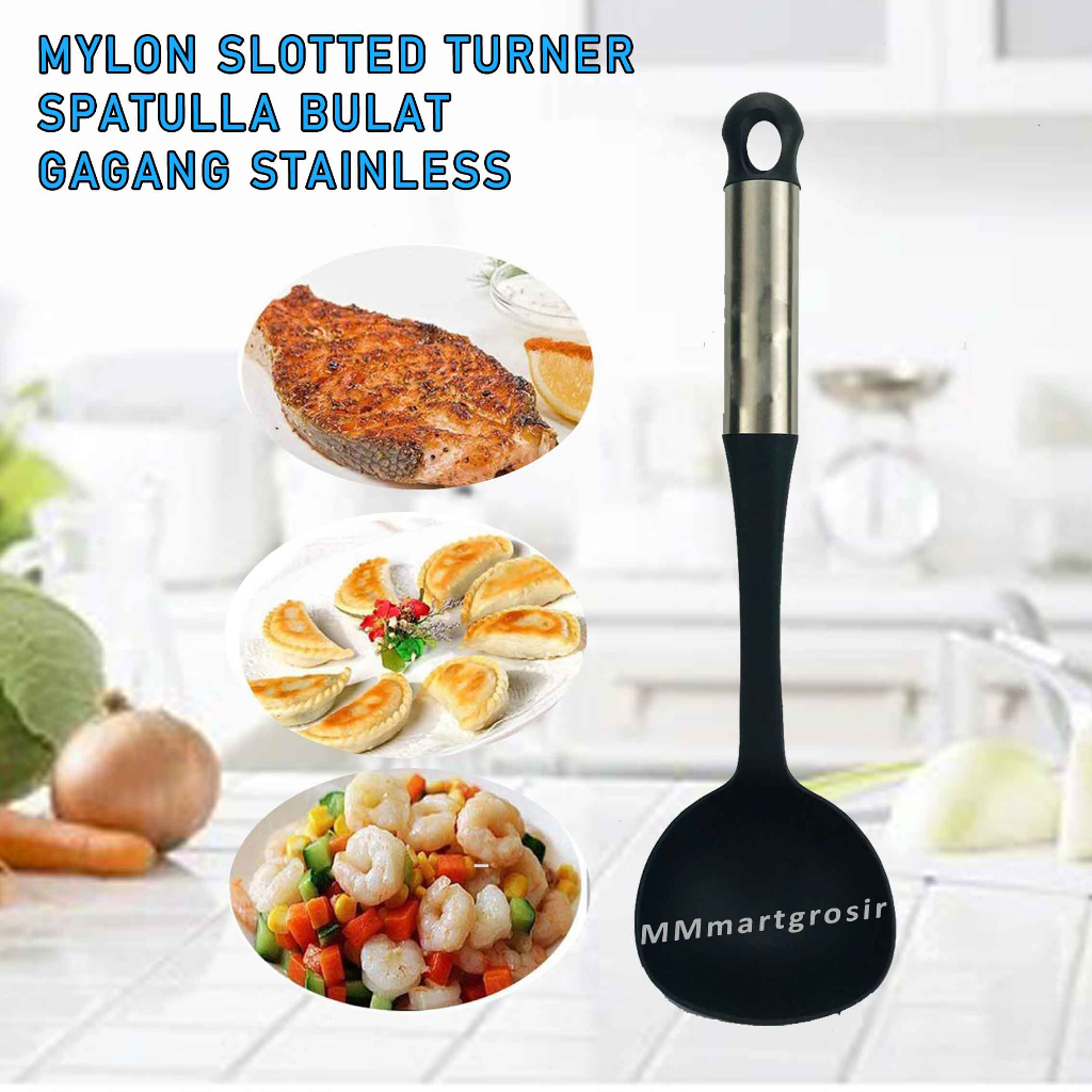 Mylon Slotted Turner / Spatula Bulat / Gagang Stainlees