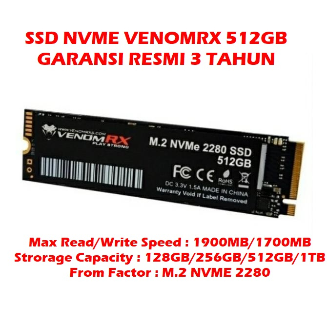 SSD NVME VENOMRX 512GB, SSD VENOMRX VRX NVME 2280 NVME 512GB, SSD NVME 512GB VENOM RX GARANSI RESMI