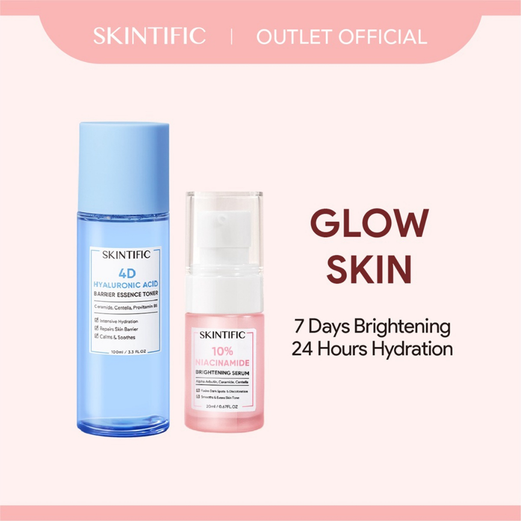 【Skintific Outlet Official】SKINTIFIC Glowy Skin Set / 4D Hyaluronic Acid (HA)  Barrier Essence Toner &amp; 10% Niacinamide Brightening Serum (Toner Pelembab + Serum Mencerahkan)【BPOM】