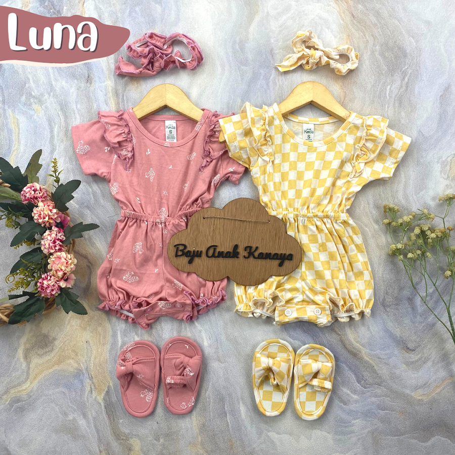 3-12BLN JUMPSUIT BAYI LUNA + Headband dan Sendal by LITTLE KODA 3IN1 SET (SNI)