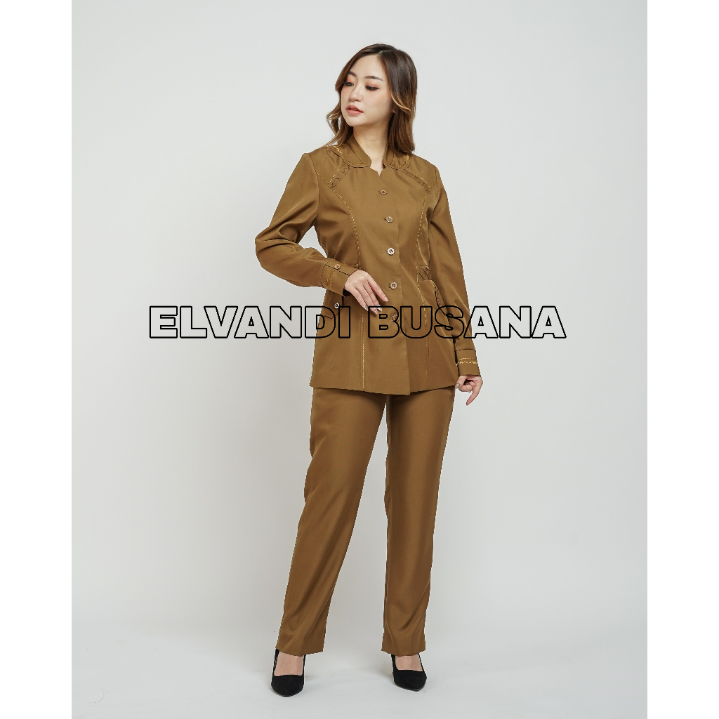 SETELAN JAS WANITA / SERAGAM KERJA BLAZER WANITA / SERAGAM GURU / SERAGAM SET CELANA VEST KHAKI TUA