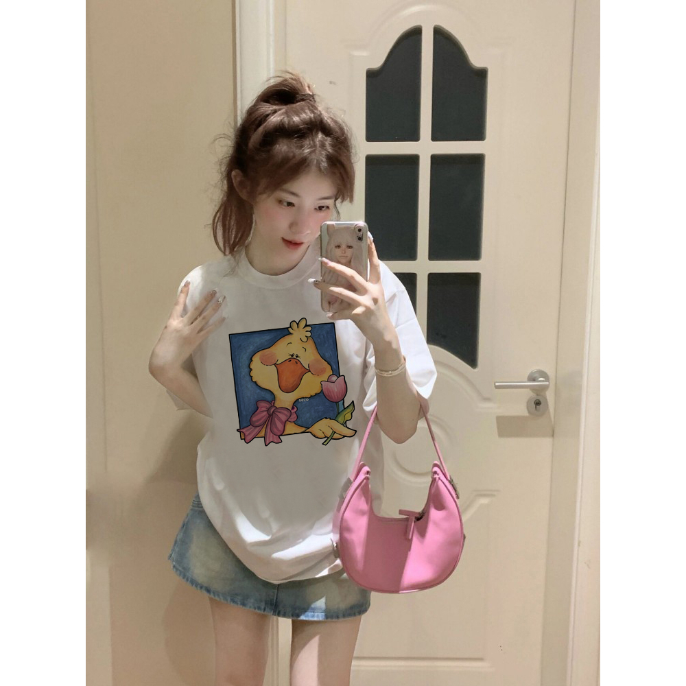 EUNII T-shirt Lengan Pendek Cartoon Duck Korean Style/Kaos Atasan Wanita/Baju Kaus Oversize Wanita/Kaos Wanita