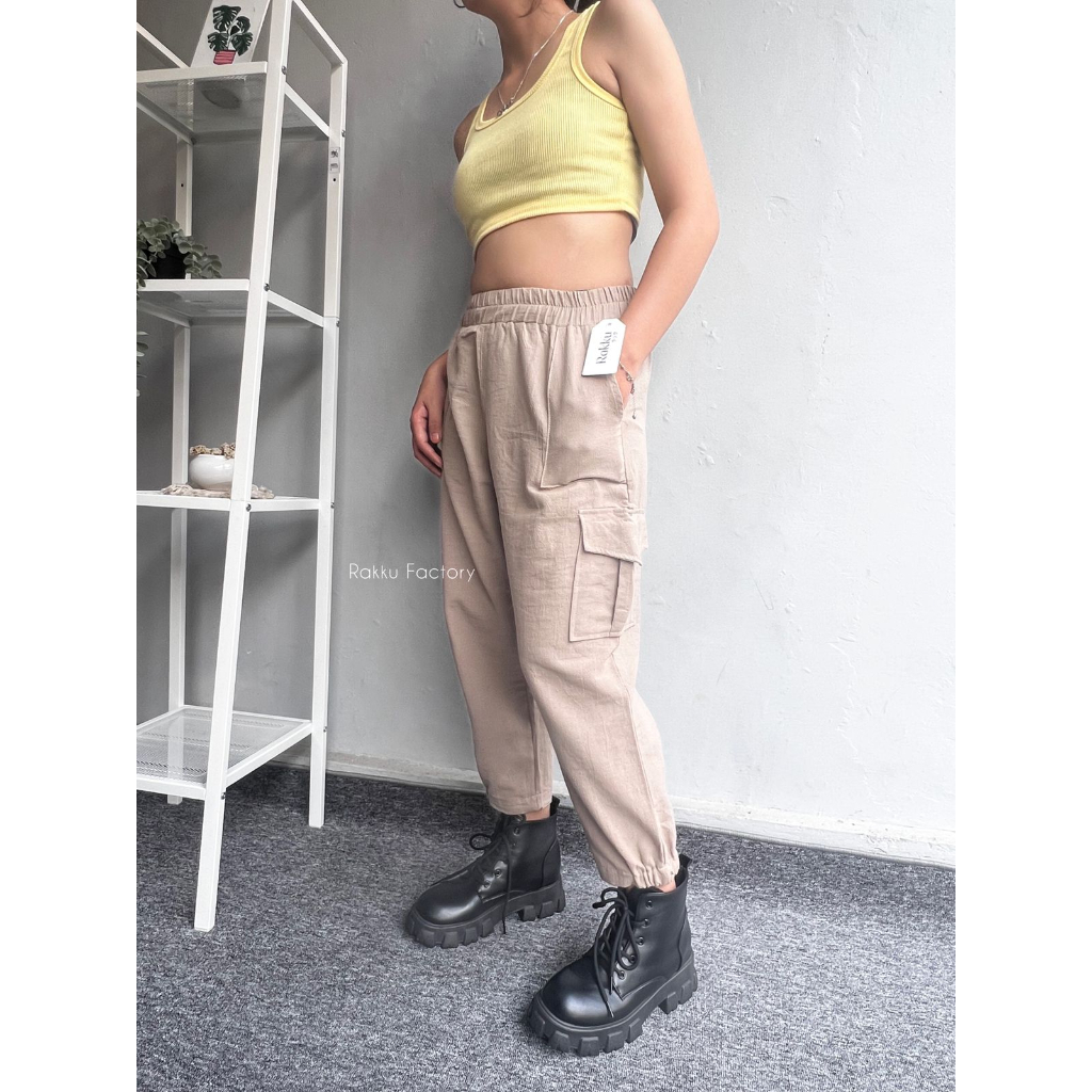 Lea Cargo Pants - Highwaist Loose Cargo - Celana Kargo Wanita Linen - Baggy Pants Rakku 867