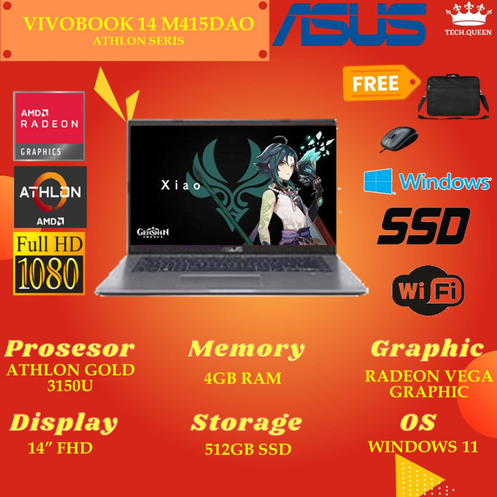 Asus Vivobook M415DAO FHD123 ATHLON GOLD 3150 4GB 512SSD VEGA3 Windows 11 14.0 Inchi FHD