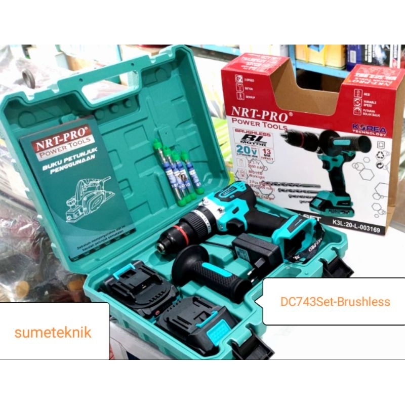 Cordless Impact Drill NRT-PRO DC743 Set Brushless Bor Batre Impact 13MM 2 Batre  20V DC743 NRT-Pro D