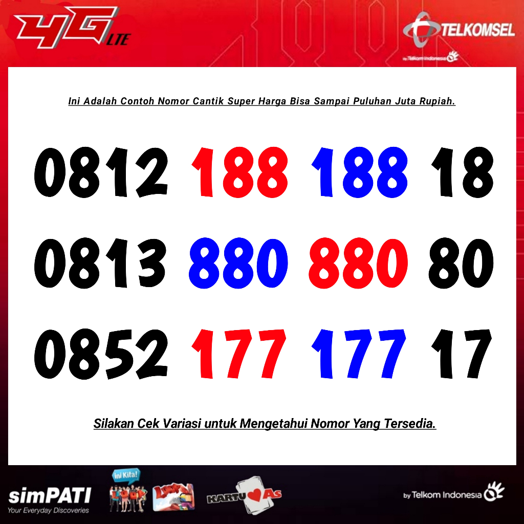 Kartu Perdana Nomor Cantik Telkomsel Simpati 121 626 898 188 880 669 177 388 - Double Ribuan ABAB TAHUN ABCD ABC ABB TRIPLE KWARTED PANCA- Nocan 8989898989 - Nocan 89898989 -  Nocan 898989 - Nocan 8989 - Nocan 89 - 12 Digit - Bukan 10 digit - 11 Digit