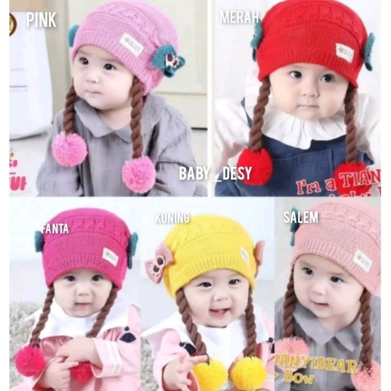 TOPI RAMBUT KEPANG / TOPI ANAK PEREMPUAN LUCU / KUPLUK RAJUT RAMBUT KEPANG BABY BALITA ANAK