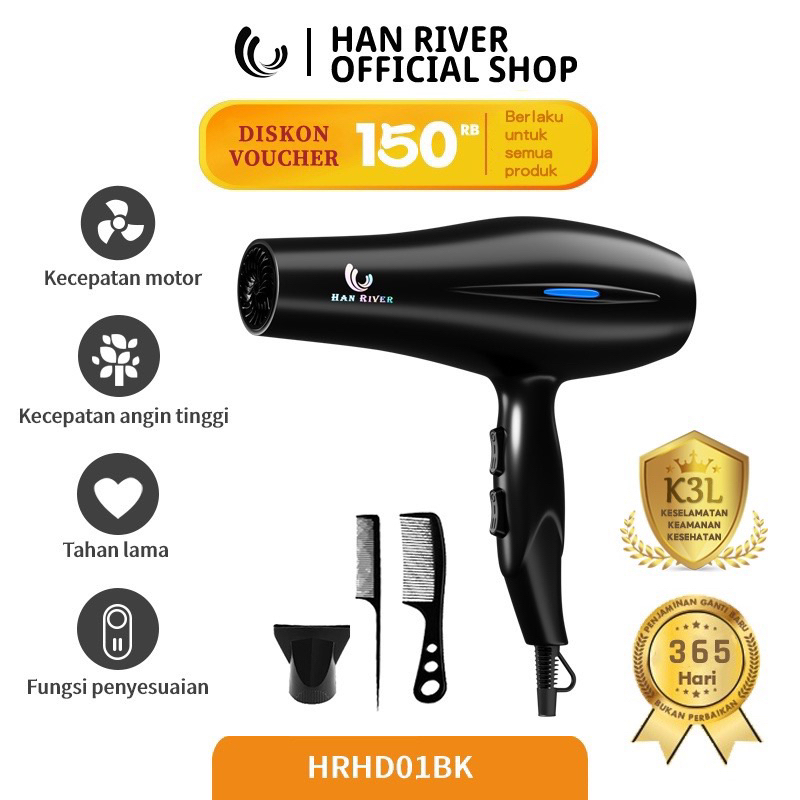 Han River HRHD01BK Pengering Rambut 800W Hitam dengan Teknologi Ion Negatif