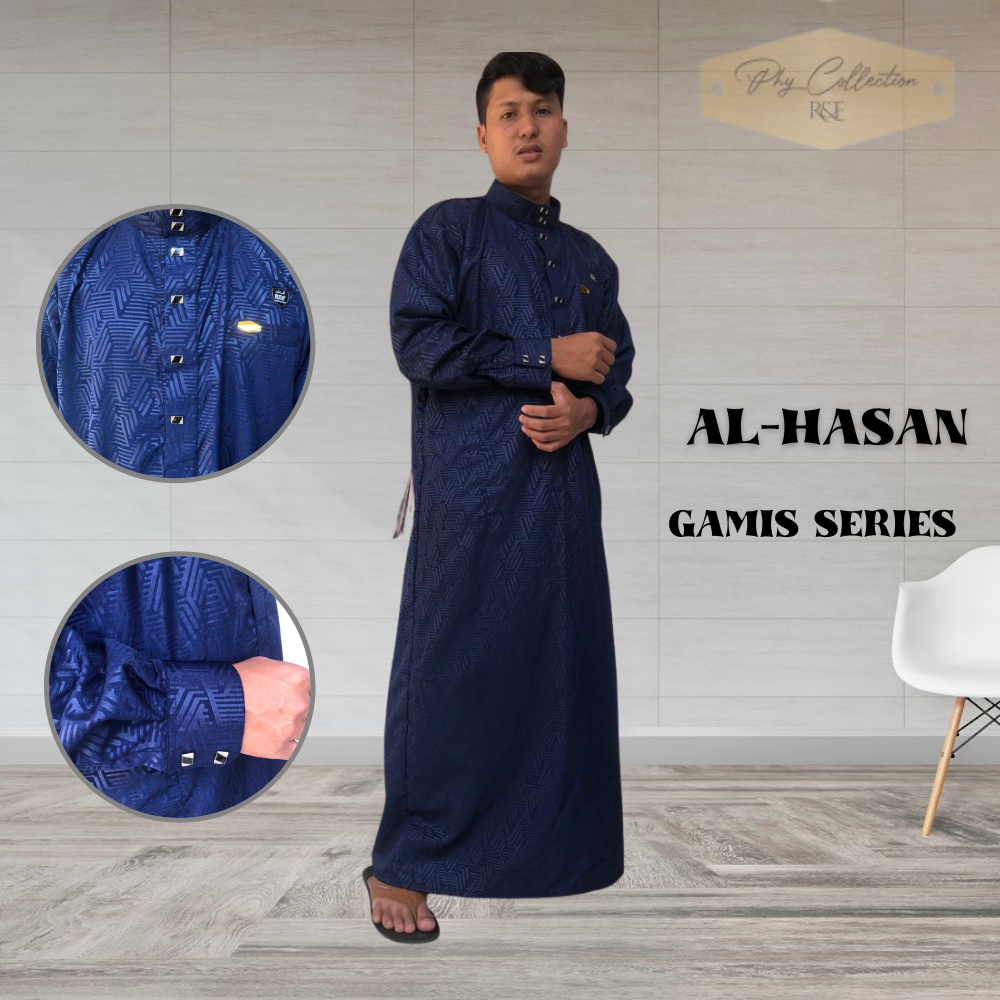 Baju Jubah Gamis Thobe Pria Laki Laki Dewasa Cowok Remaja Model Haromain Motif Embos Lengan Panjang Ukuran S M L XL XXL [AL-HASAN]