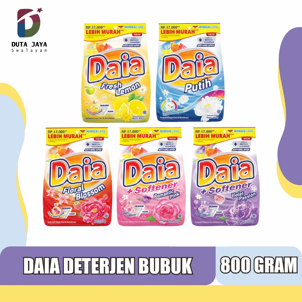 Daia Deterjen Sabun Bubuk Detergen Powder Violet, Romantic Pink, Floral, Lemon, Putih 800 Gram