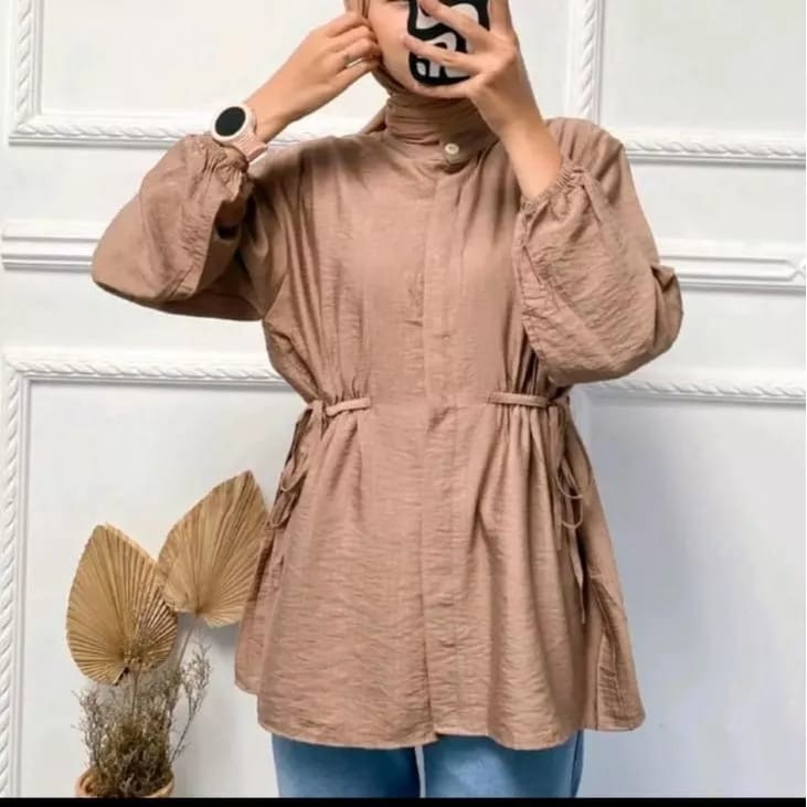 OZARA KEMEJA TALI KERUT PINGGANG ATASAN WANITA BLOUSE BUSUI POLO LINEN PREMIUM (AMD)