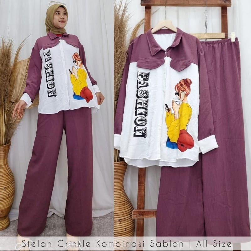 1 SET BAJU &amp; CELANA BAHAN CRINCLE SABLON JUMBO TERBARU