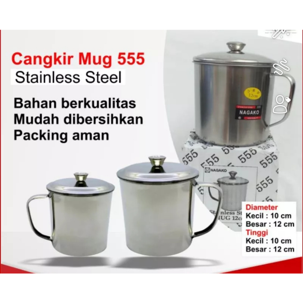 Best Quality 555 Mug + Tutup Stainless | Cangkir Tutup Stenlis NEKEL