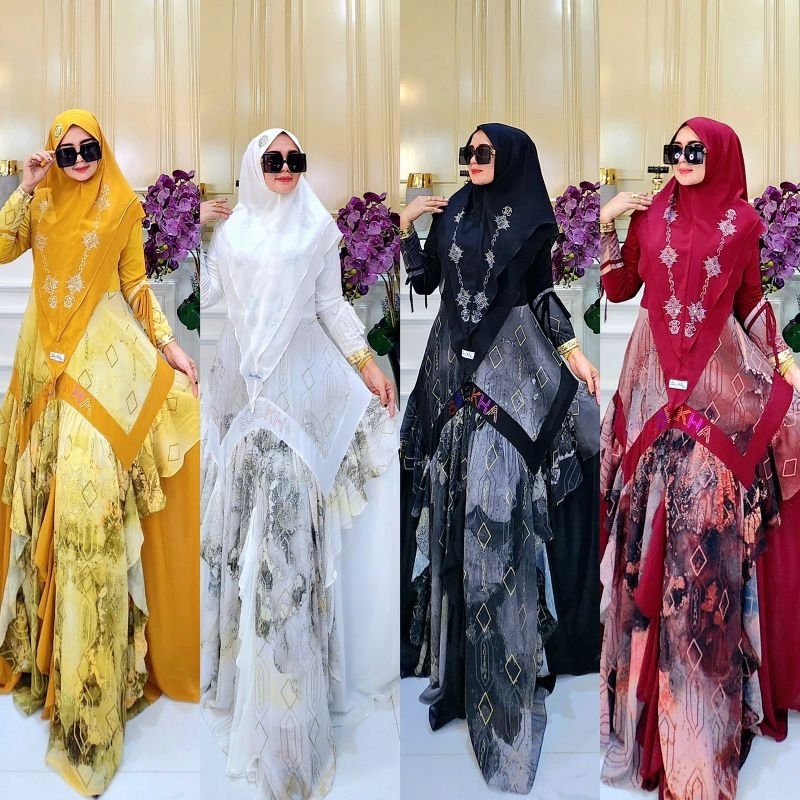 Dress Gamis Syari Set Khimar Bahan Ceruti Printing Babydoll Premium Labinka Syar'i Vol 1,2,3,4,5,6,7