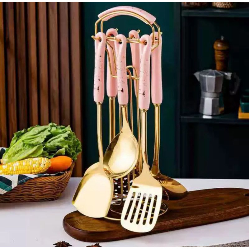 NEXXIO SPATULA MASAK GOLD JADE SET 7 IN 1 / SPATULA GOLD MARBLE / EMAS ELEGANT