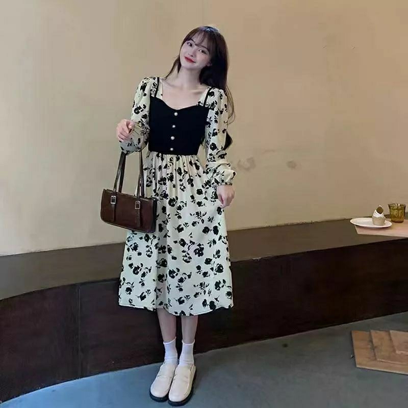 Derss Bunga Vintage Hitam#Dres Lengan Panjang#Dres Korea Kekinian#Terbaru