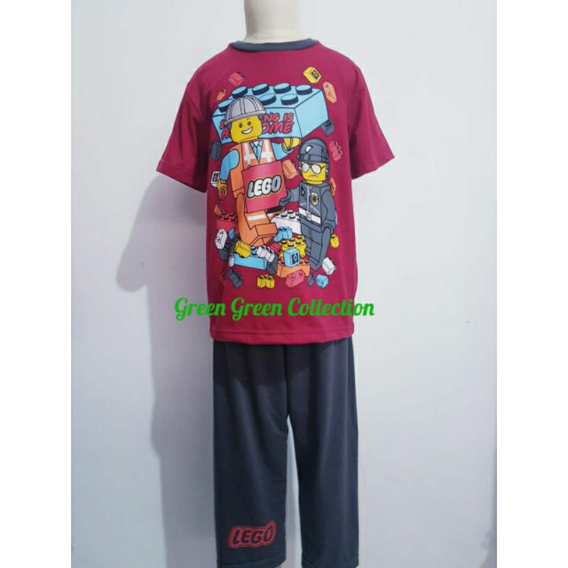 Baju Tidur/Piyama/piama kaos anak lego Maroon/abu