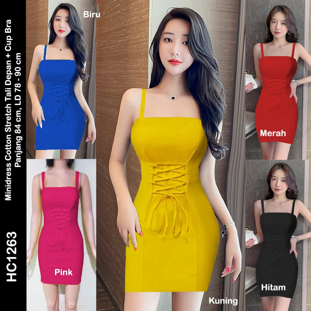 HC1263 Mini Dress Cotton Stretch Tali Depan + Cup Bra / Mini Dres Seksi / Dress Mini Sexy Bodycon / Dress Mini Katun / MiniDress Wanita