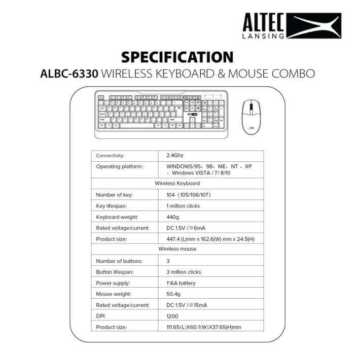 Altec Lansing Keyboard + mouse combo Wireless ALBC6330