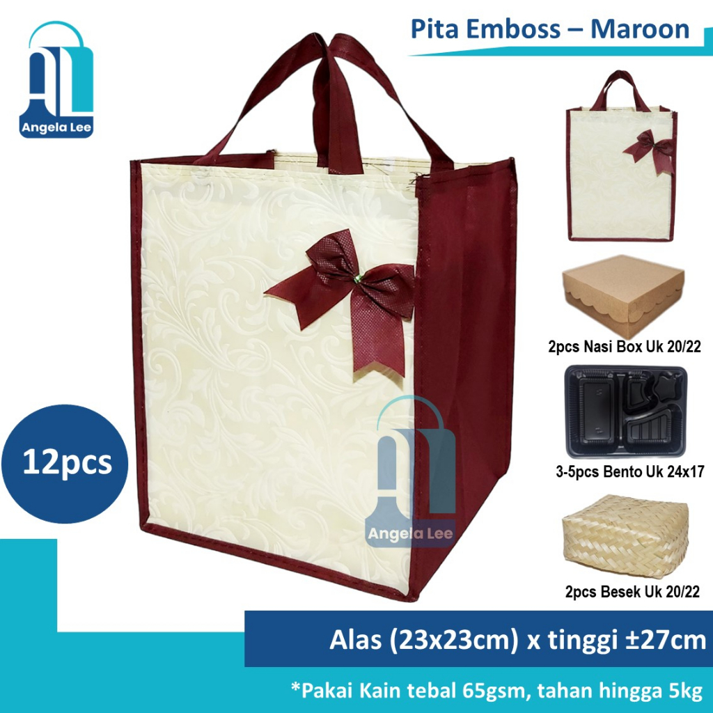 12pcs Tas Kain Spunbond Pita Emboss Polos muat 2 box nasi kotak Besek 20/22cm Hajatan Syukuran Pesta