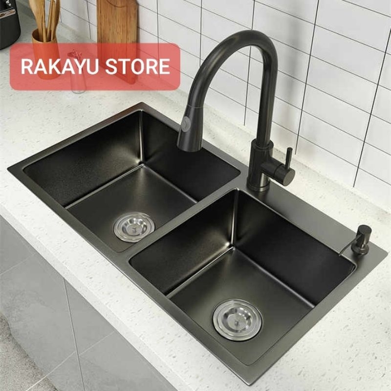 BAK CUCI PIRING KITCHEN SINK WASTAFEL 2 LUBANG HITAM 75 x 40 PAKET LENGKAP KITCHEN SINK 7540 BLACK L