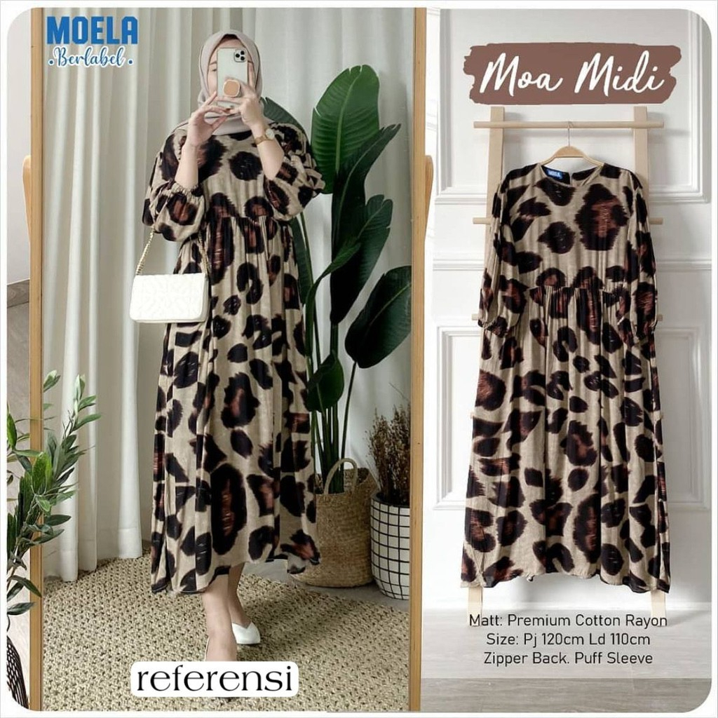 gamis terbaru 2023 lebaran wanita Moa Midi Dress Remaja Bahan Rayon Motif
