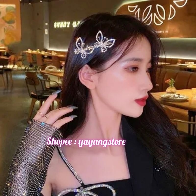 Jepit Kupu Kupu / Jepitan Rambut Kupu Kupu Kristal / Butterfly Hairclip / Mahkota Aksesoris Pin Klip Rambut Model Kupu Kupu Wanita Mewah Dan Elegan / Jepit Rambut Pesta