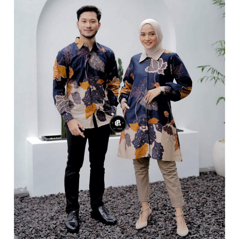 Atasan Baju Kemeja Tunik Set Batik Couple Pasangan Pria Wanita Lengan Panjang Seragam Kerja Kantor Modern Kekinian