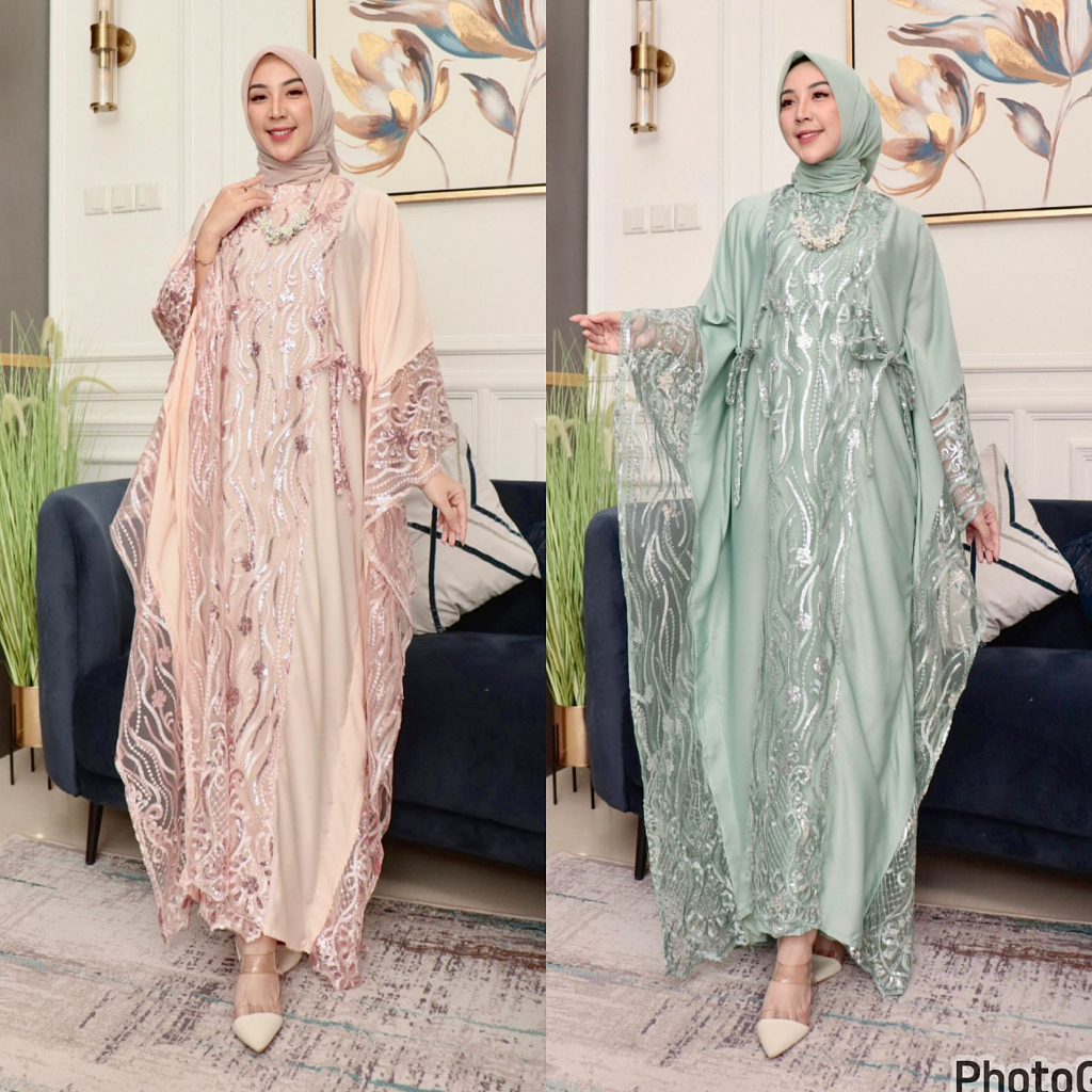 Gamis Kiswah Kaftan || Gamis Kaftan Premium Brand Pelangi Jaya || Gamis Saten Mix Tille Spangle Payet ~ DVN STYLE