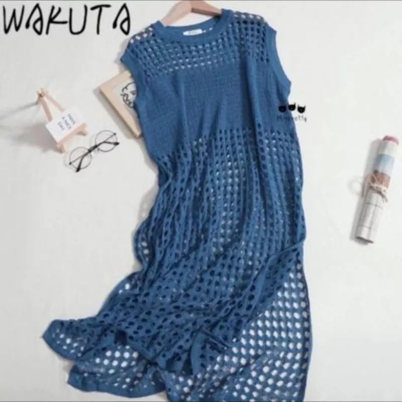TUNIK RAJUT / Baju Wanita Tanpa Lengan Motif jaring / belah samping