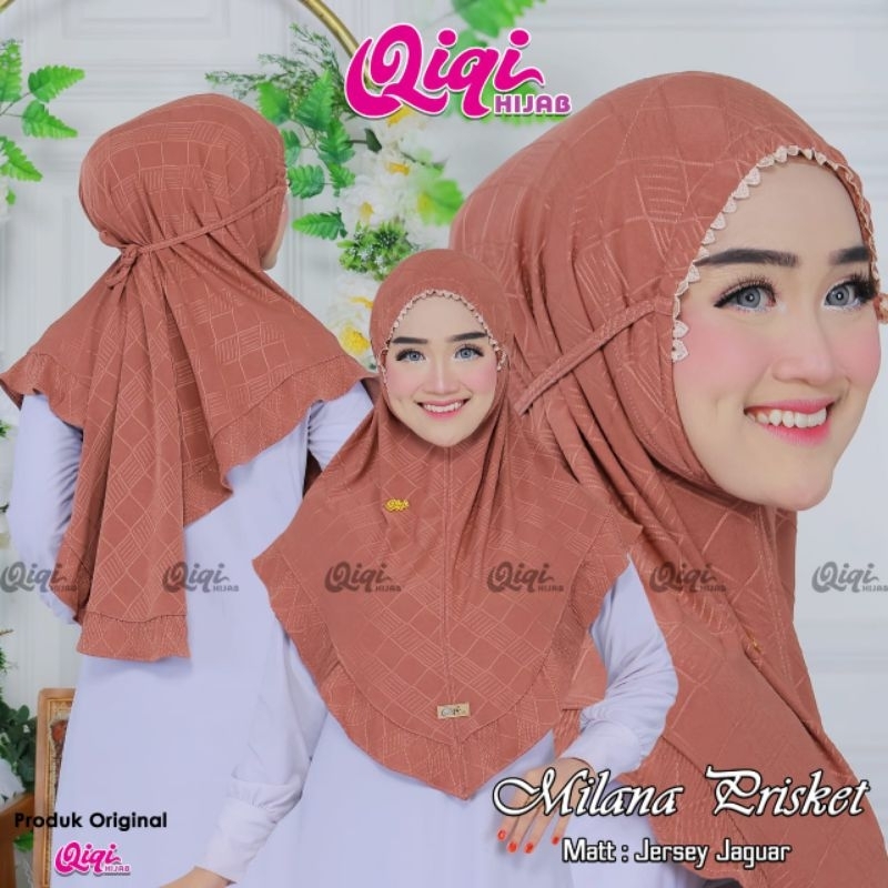 (Qiqi Hijab) MILANA PRISKET••bergo instan tali renda••hijab instan jersey jaaguuar