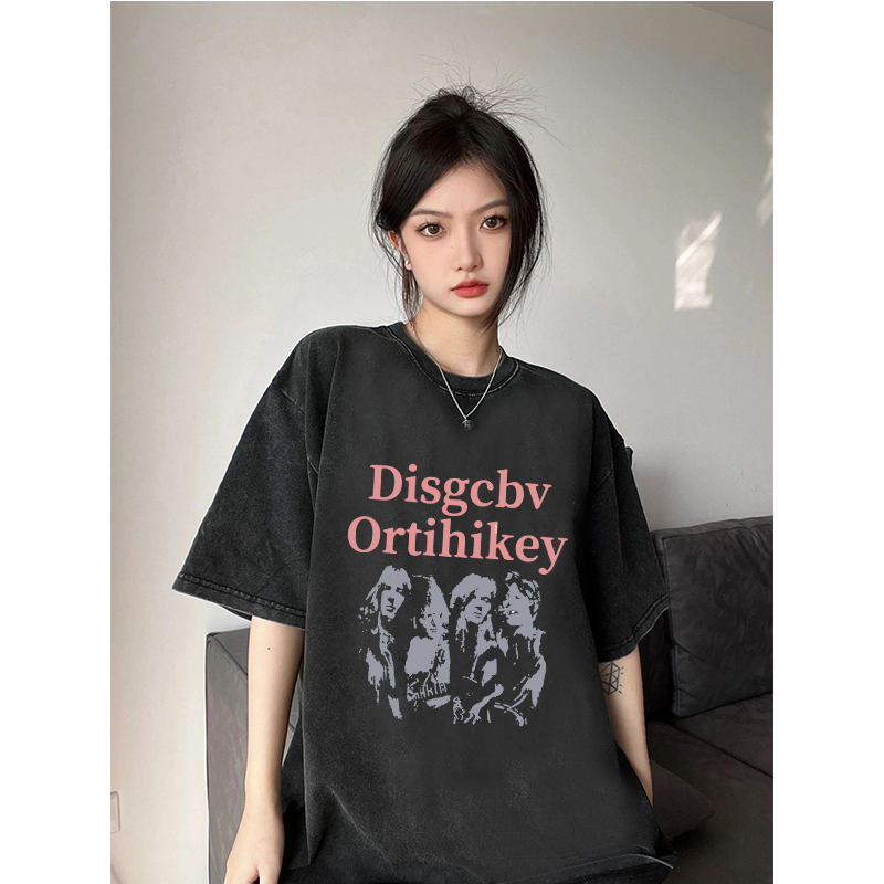 Baju Oversize Kekinian/Lengan Pendek Hitam Washed Retro Letter Kaos Wanita/Kaos Atasan Wanita