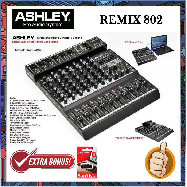 MIXER AUDIO ASHLEY REMIX802 REMIX 802 8 CHANNEL+FREE FLASDISK 16gb