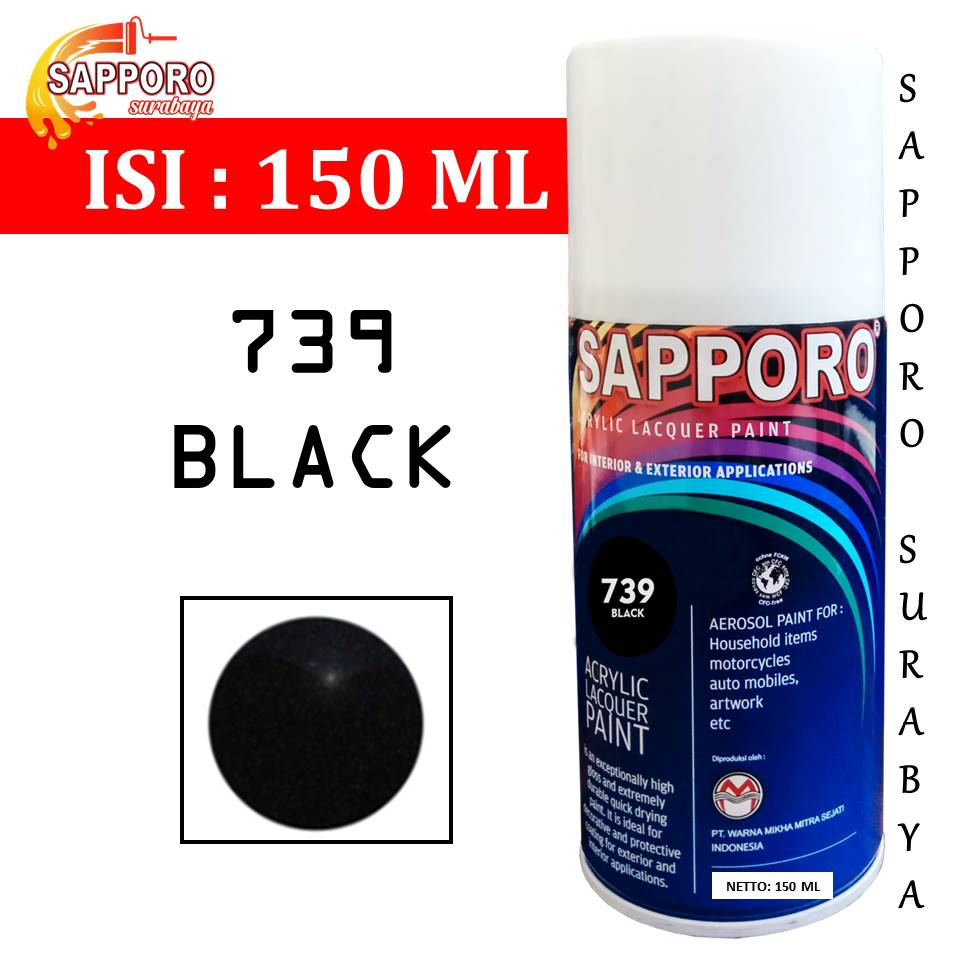 Cat Sapporo Black 739 150ml,Cat semprot warna HITAM GLOSSY UNTUK VELG