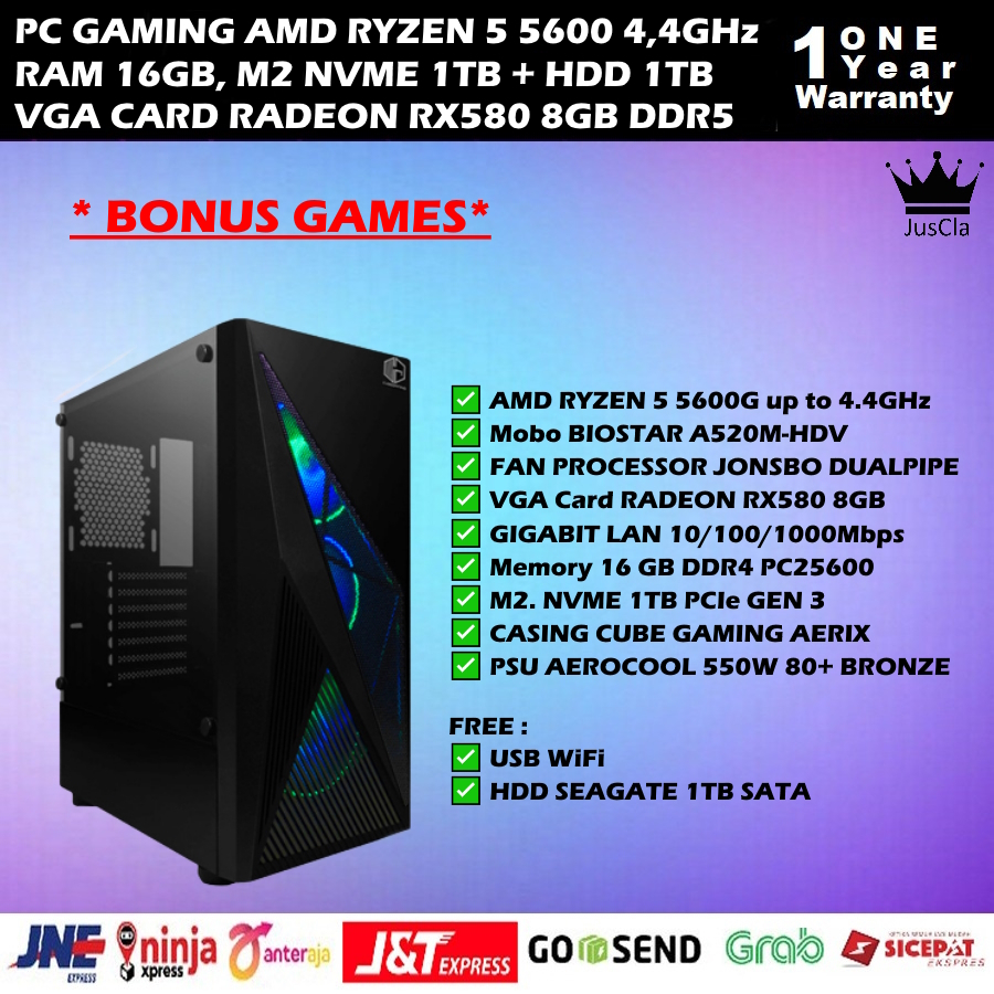 PC GAMING AMD RYZEN 5 5600G 4,4GHz|DDR4 16GB|VGA RADEON RX580 8GB|SSD 1TB NVME|HDD 1TB|PSU 550W 80+ BRONZE|KEY+MOUSE GAMING|WIFI