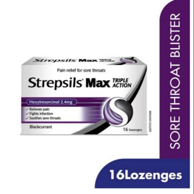 

Exp Apr 2027 Strepsils Max Blackcurrant Lozenges, 16s - Strepsil's Max Pain Relief for Sore Throats - Permen Hisap