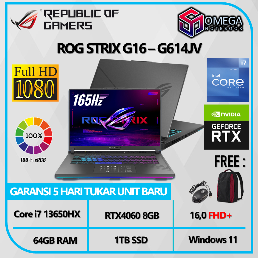 ASUS ROG STRIX G16 G614JV i7 13650HX 64GB 1TB SSD RTX4060 8GB 16,0 FHD+ Windows 11 100% Srgb