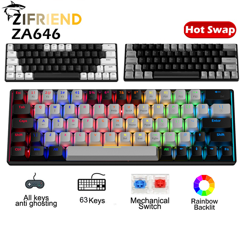 ZIFRIEND 63 Keys Mechanical Keyboard Rainbow Backlit Hot Swappable Blue Red Switch Gaming Keyboard