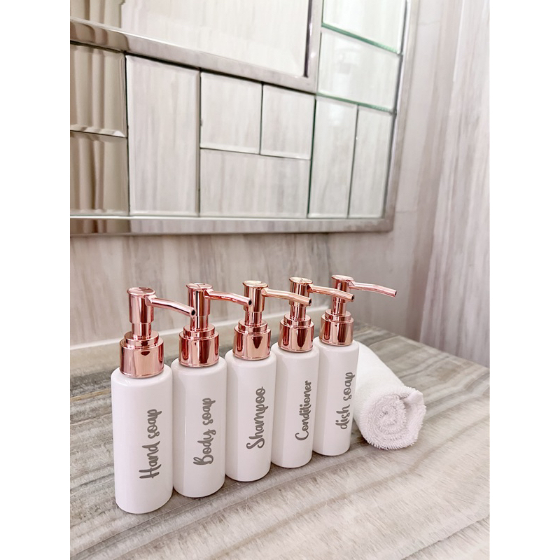 BOTOL TRAVEL SIZE PUTIH EXCLUSIVE 100ML  SILVER KECIL PUMP ROSE GOLD LONG PIPE BISA CUSTOM . travelling bottle aesthetic tempat sabun cair dispenser liquid soap esteteik