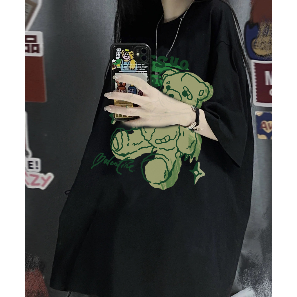 EUNII T-shirt Lengan Pendek Cartoon Green Bear Korean Style/Kaos Atasan Wanita/Baju Kaus Oversize Wanita/Kaos Wanita