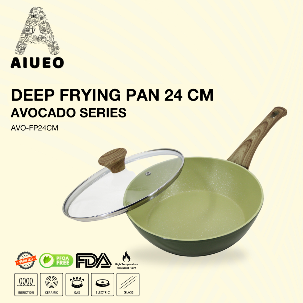 Penggorengan Anti Lengket Set Lengkap - Deep Frying Pan 24Cm + Tutup Kaca Tebal Stainless Steel - Penggorengan Warna Hijau Deep Fryer | Wajan Masak Anti Lengket ukuran 24cm