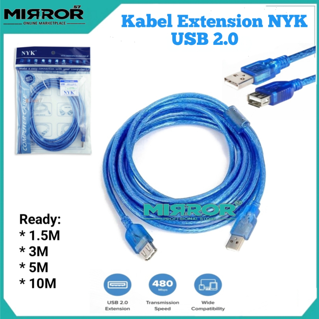 Cable NYK Kabel Perpanjang USB 2.0 Extension Transparent Male to Female 1.5M, 3M, 5M, 10M