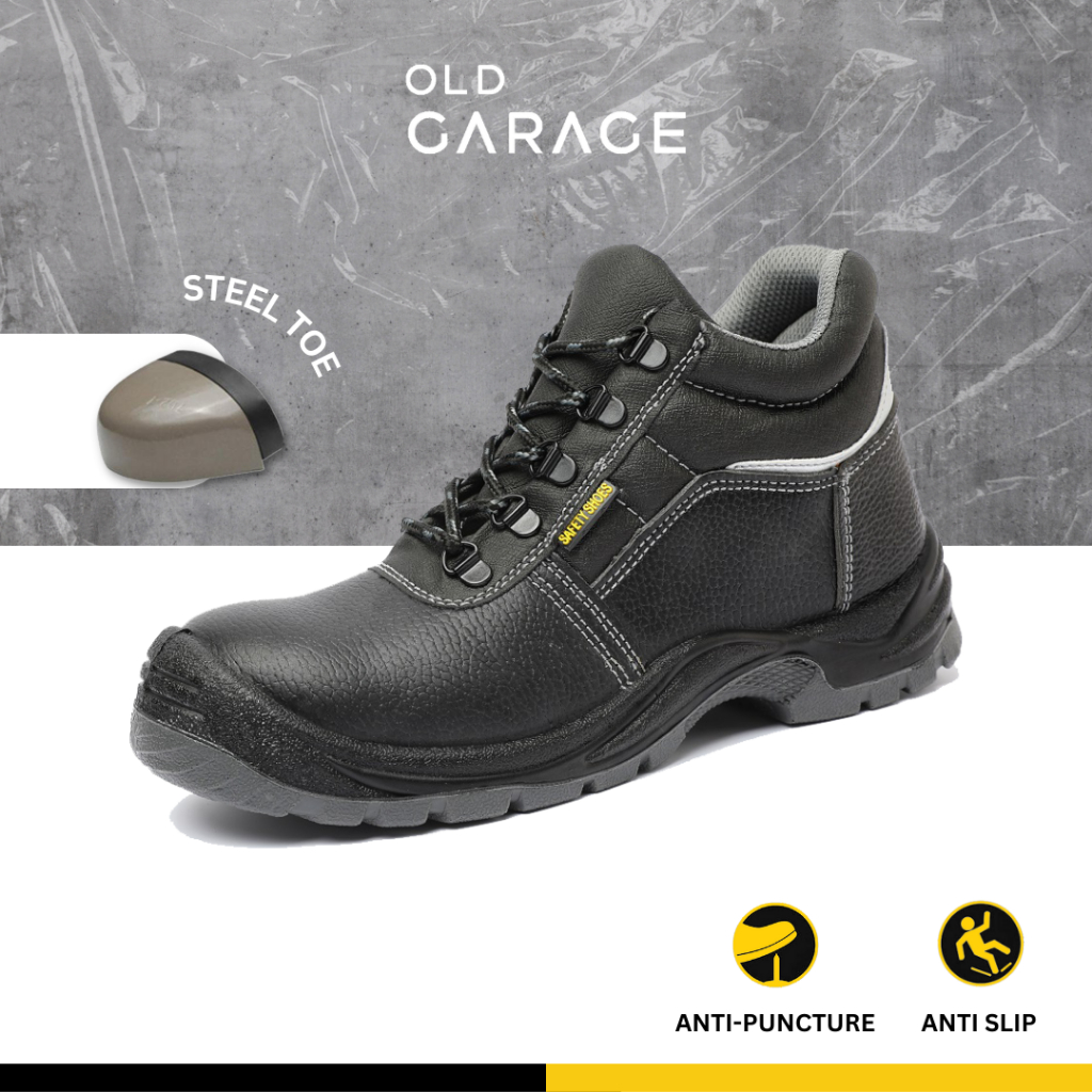 Sepatu Safety Shoes Pria Ujung Besi Middle Cut Anti Slip Hitam Abu