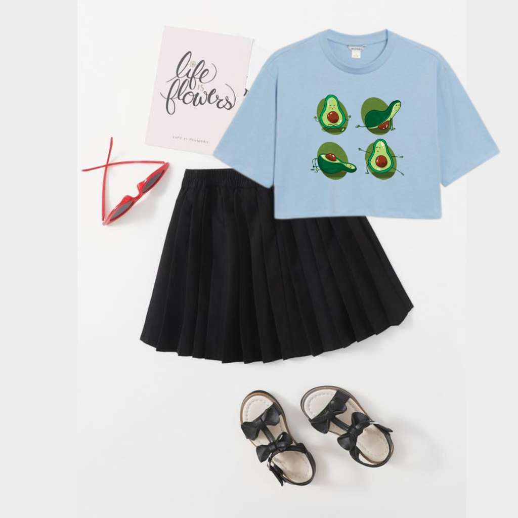 JBF 1 Set Outfit Cewek Kekinian Atasan Crop Top Oversized Avacado Dan Celana Rok