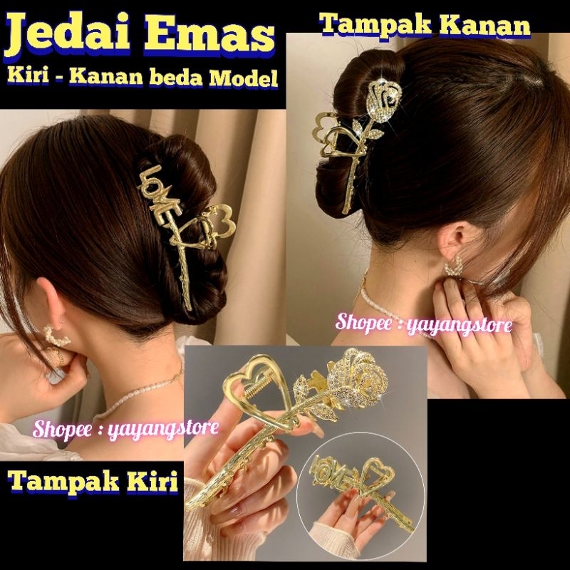 Jedai / Jepit Rambut / Aksesoris Jepit Rambut Wanita / Jedai Jepit Besar Bunga Mawar 2 sisi Import Gold