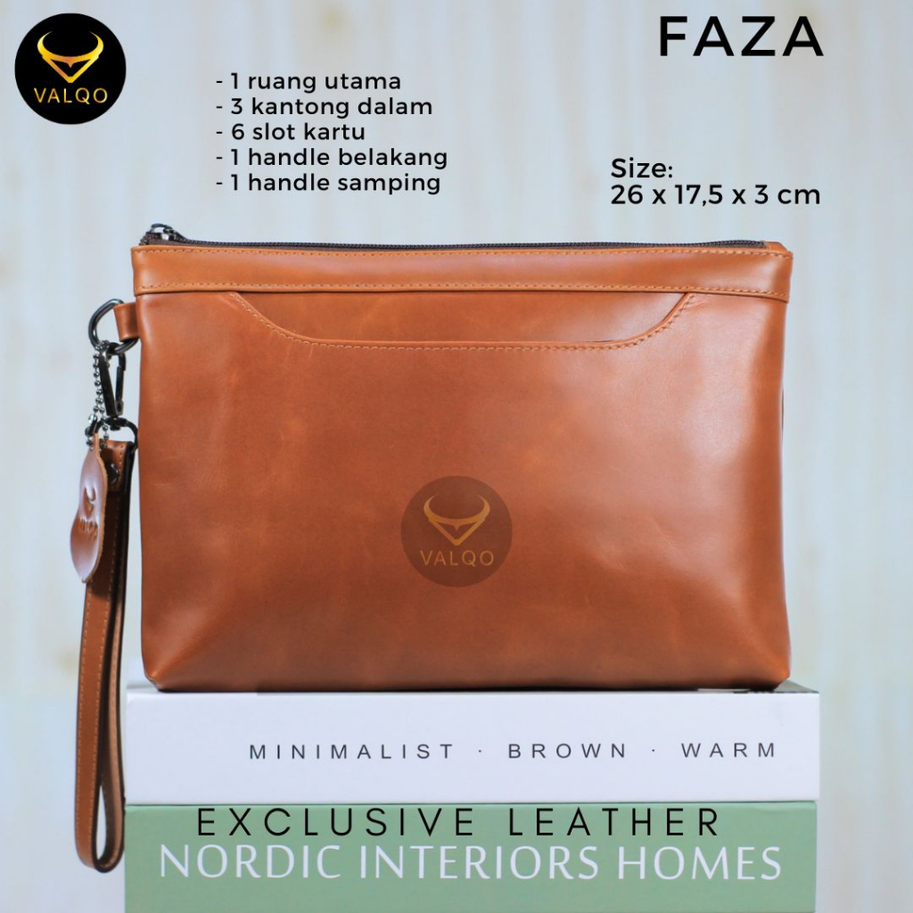 [VALQO] FAZA Clutch kulit Sapi Pouch Kulit Handbag Kulit Wanita Pria 6 Slot Kartu Tas Tangan Dompet Tangan